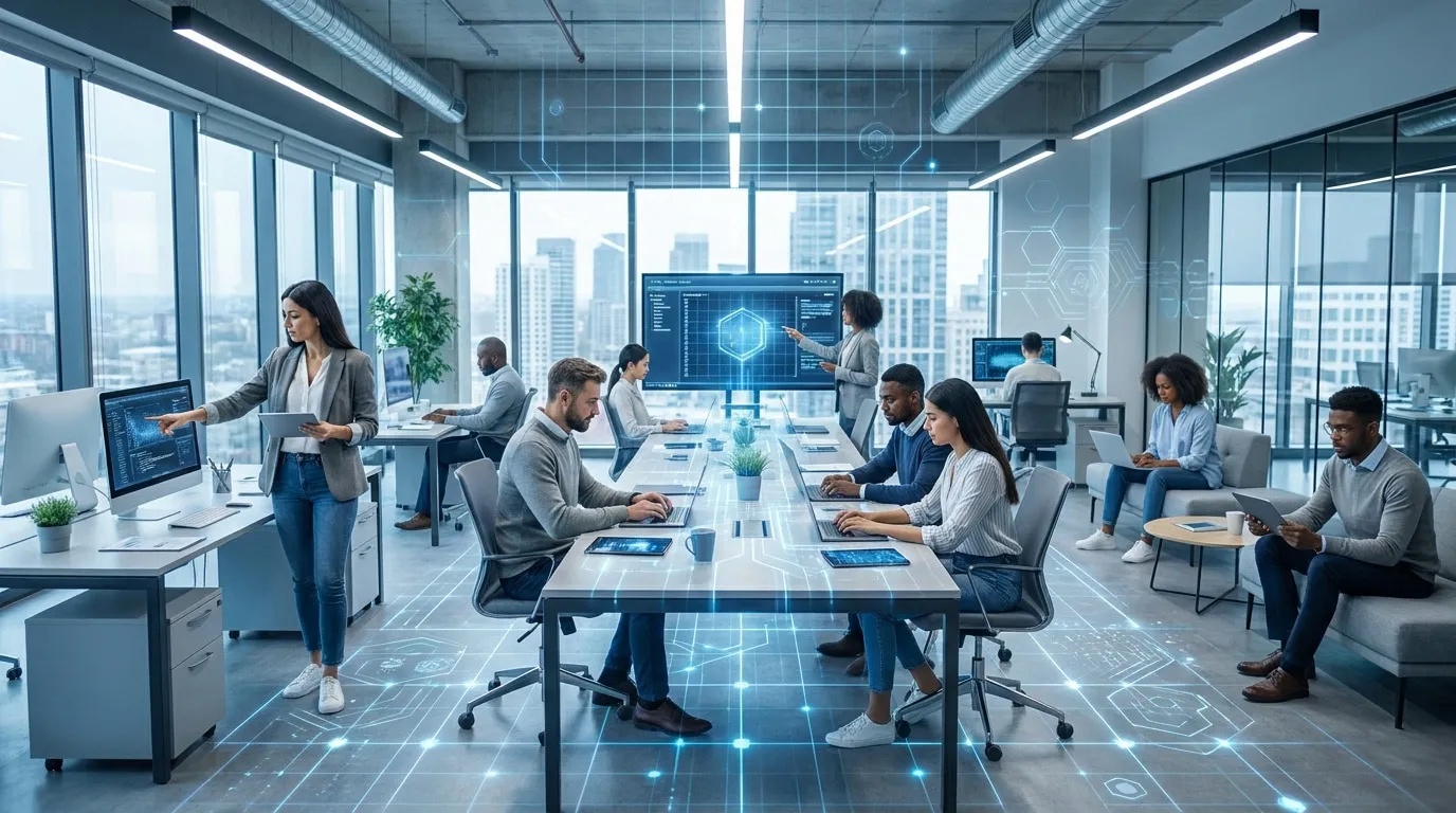 Employés travaillant dans un bureau moderne avec des interfaces numériques holographiques en surimpression.
