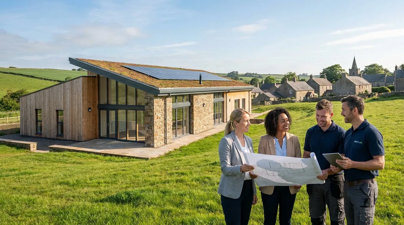 Une équipe de professionnels examine un plan de construction devant un bâtiment rural moderne à toit végétalisé.