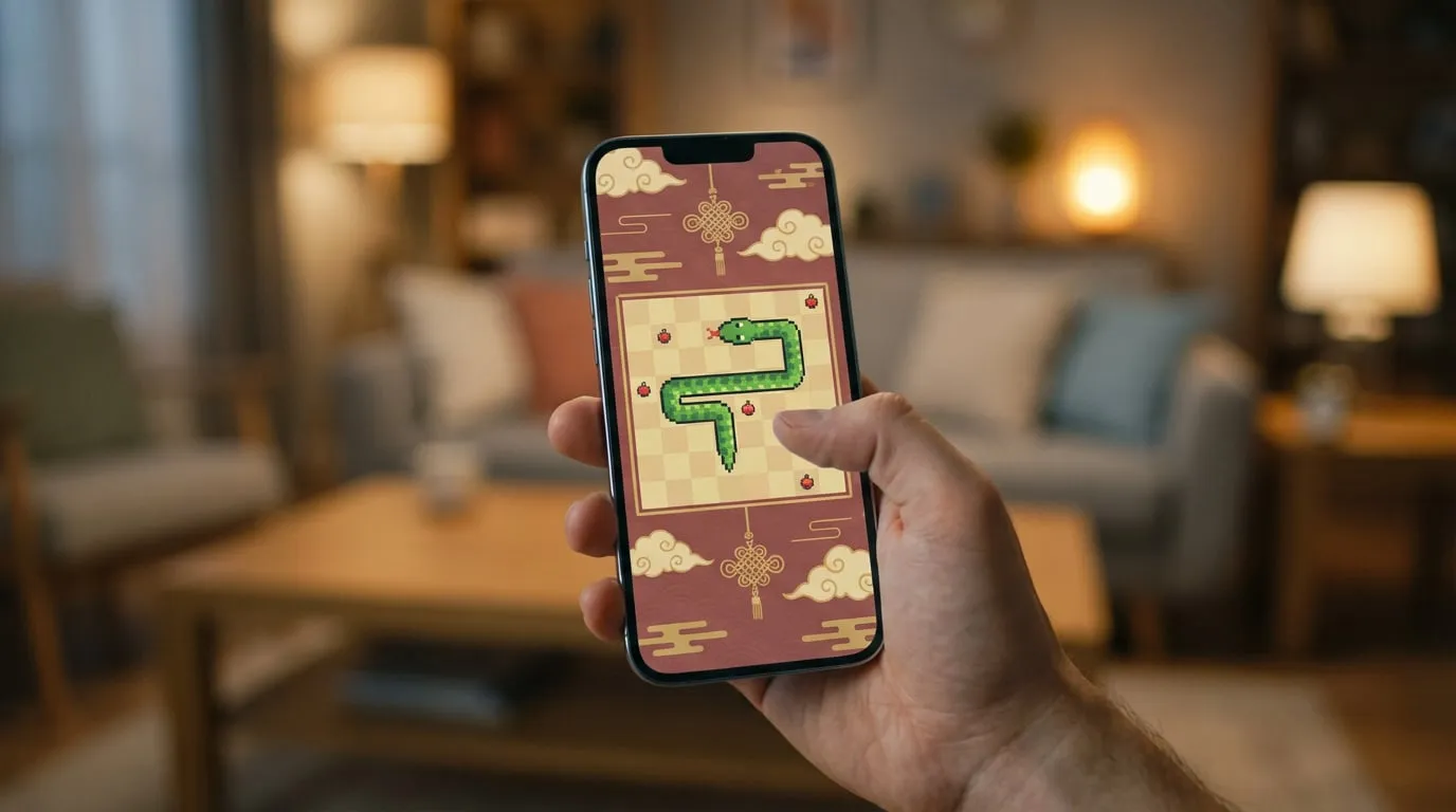 Main jouant au jeu du serpent pixelisé sur smartphone. L'écran montre un serpent vert et des pommes sur un fond de Nouvel An chinois.
