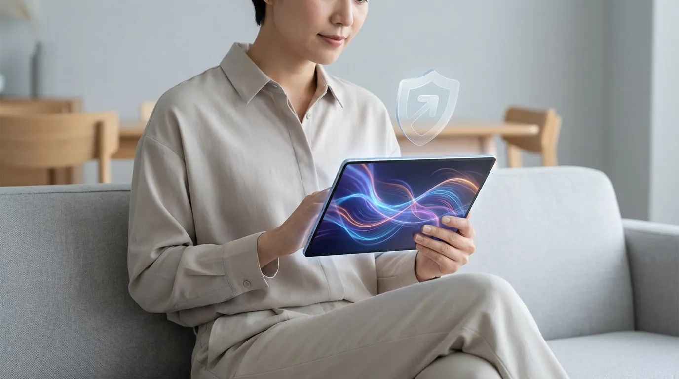 Une personne utilise une tablette avec un écran abstrait coloré et une icône de bouclier lumineuse pour la sécurité numérique.