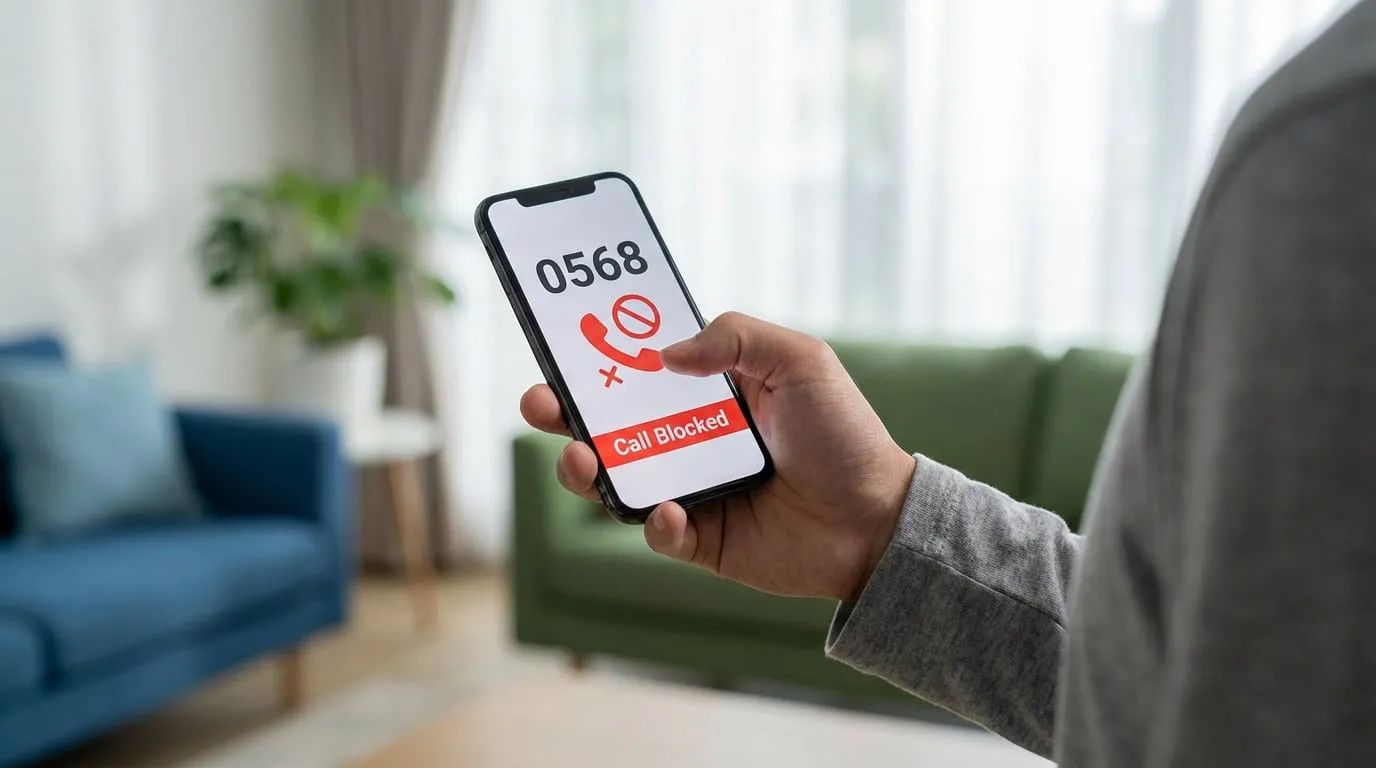 A hand holds a smartphone displaying an incoming call from '0568' with a red 'Call Blocked' message and crossed-out phone icon. Background is a soft-focus living room.