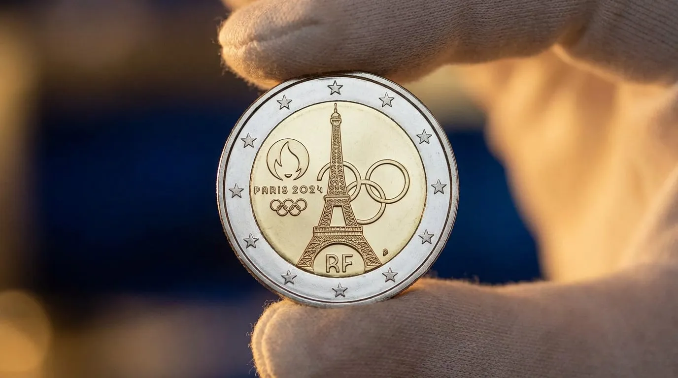 Close-up of a Paris 2024 Olympic 2 Euro coin held by gloved hands, featuring the Eiffel Tower, Olympic rings, and flame on a gold core with a silver ring.