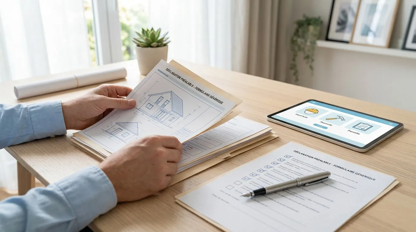Une personne consulte des plans de maison et un formulaire administratif sur un bureau.