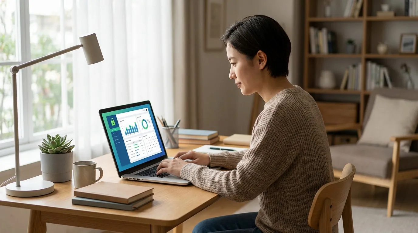 Jeune femme utilise son ordinateur portable pour se connecter à l'Extranet ESG, l'écran affichant des données sécurisées.
