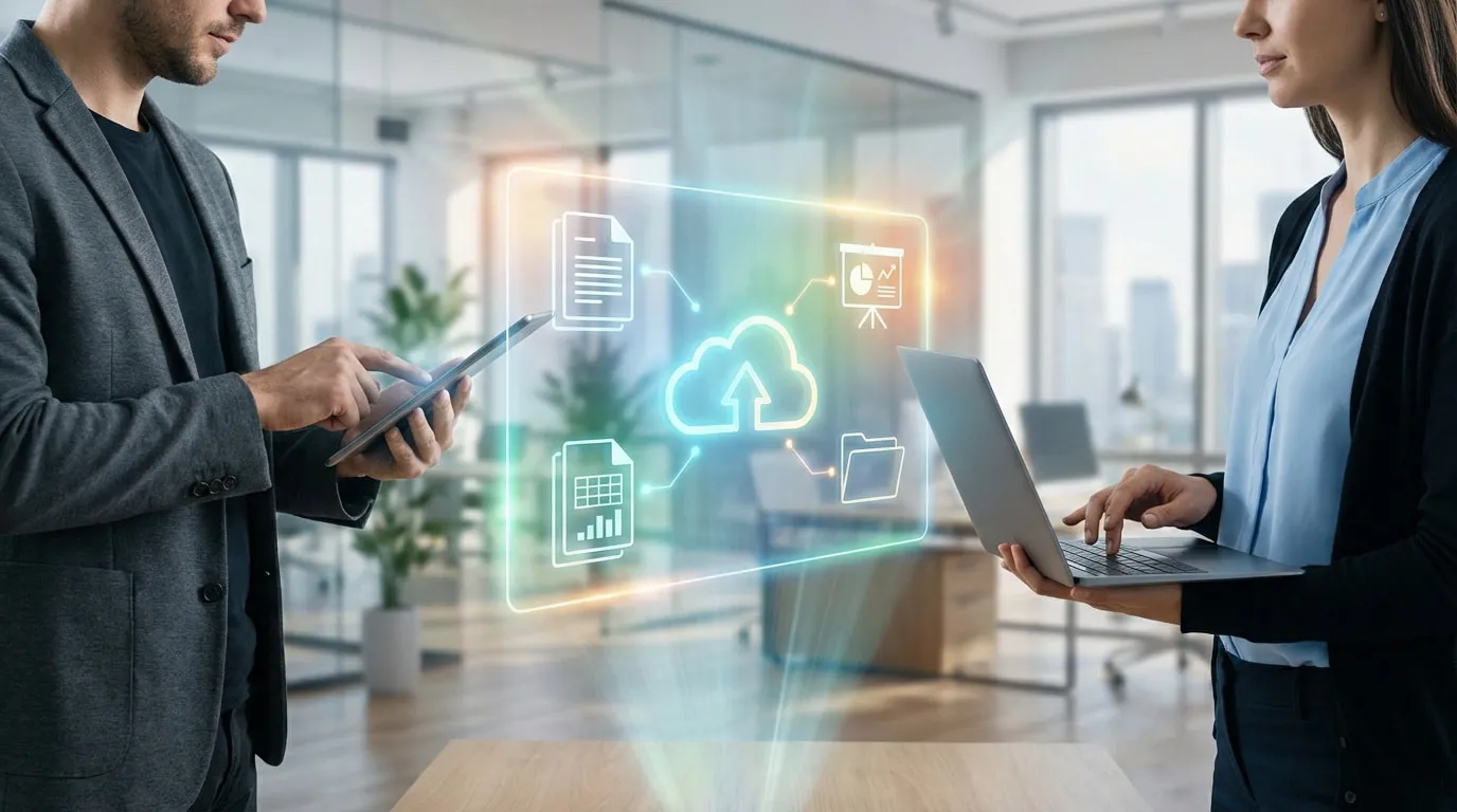 Deux professionnels interagissent avec des fichiers dans le cloud via tablette et ordinateur portable, symbolisant la collaboration numérique.