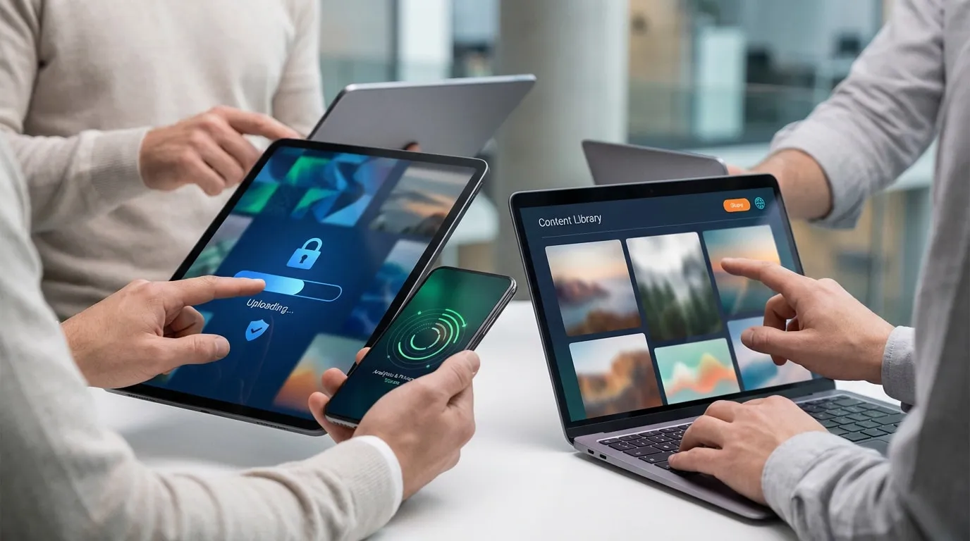 Des personnes utilisent des tablettes, un smartphone et un ordinateur portable pour le partage et la gestion sécurisée de contenu numérique.
