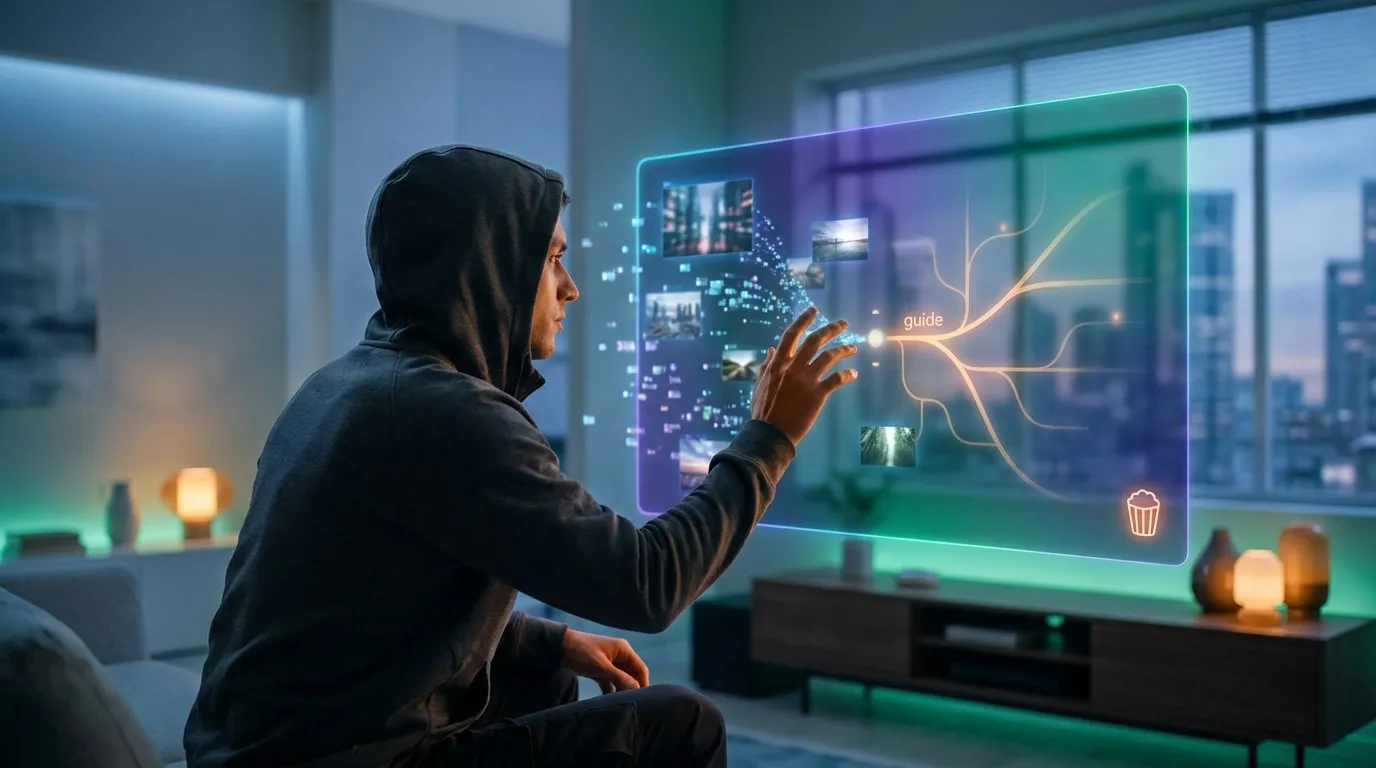 Un homme en sweat manipule une interface holographique transparente affichant médias, guide et icône popcorn, dans un salon moderne.