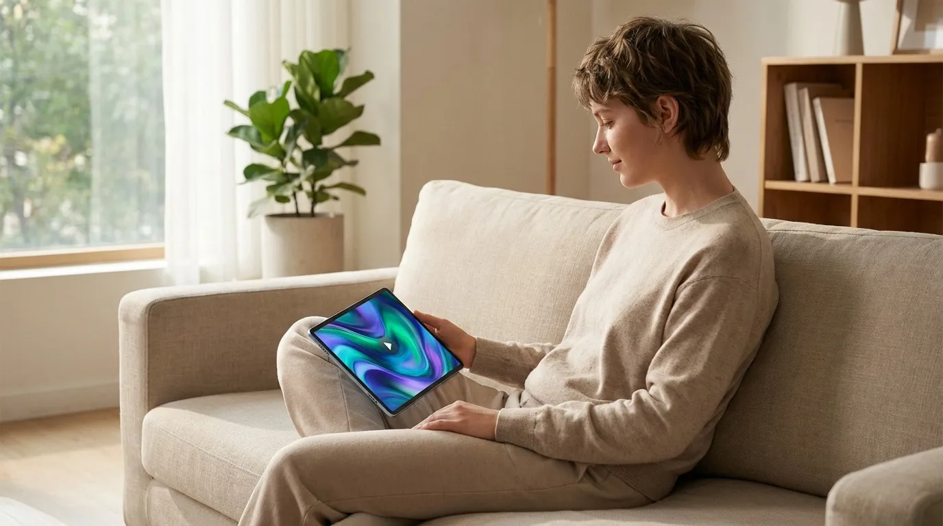 Femme aux cheveux courts, vêtue de beige, assise sur un canapé clair et consultant une tablette à l'écran coloré dans un intérieur lumineux.