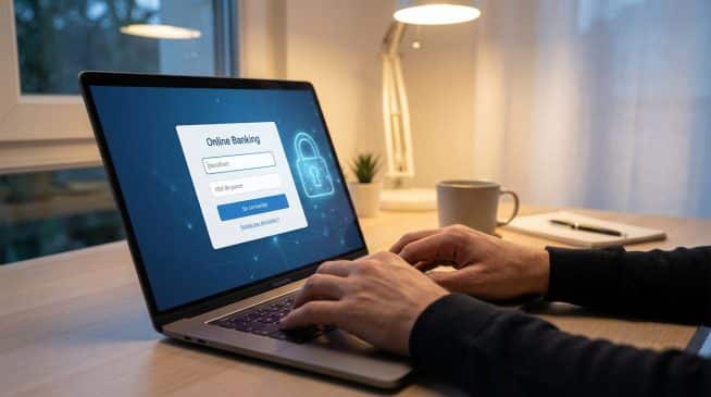 Mains sur un clavier d'ordinateur portable affichant une interface de banque en ligne avec un cadenas de sécurité. Éclairage doux.
