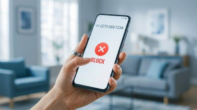 Mão segurando smartphone com tela exibindo notificação de chamada de número desconhecido e botão vermelho 'BLOQUEAR'. Fundo interno borrado.