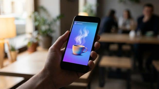 Hand holding smartphone showing a stylized steaming coffee cup on a vibrant blue/purple story screen with a progress bar. Blurred cafe.
