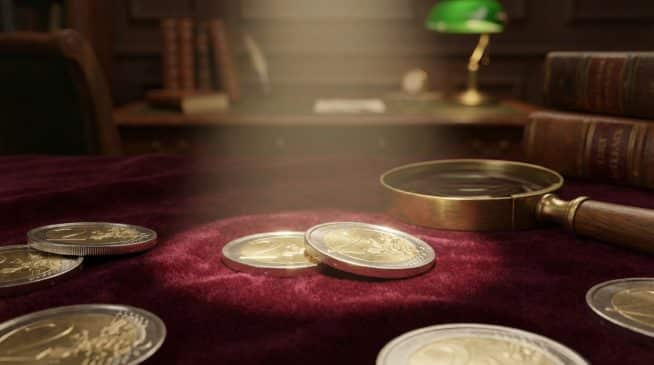 Close-up of shiny 2 euro coins on a burgundy velvet cloth with a vintage magnifying glass. Soft light highlights their details, suggesting value in a collector's study.