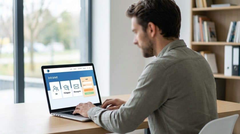 Homme professionnel utilisant un ordinateur portable affichant un portail intranet avec des sections 'RH', 'Pédagogie' et 'Messagerie'. Fond de bureau flou.
