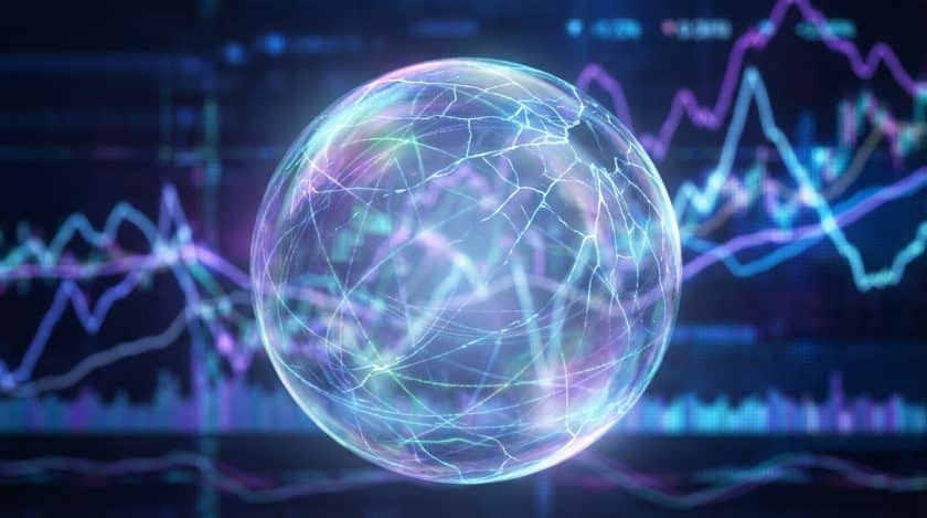A glowing, iridescent bubble with internal digital patterns and cracks, set against a blurred background of volatile blue and purple financial graphs, symbolizing market instability.