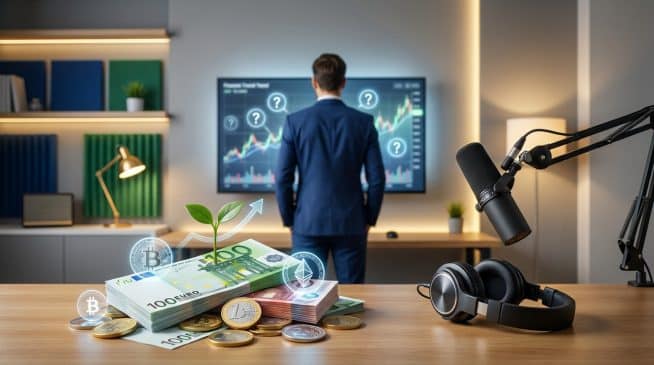 Photorealistic image of euro currency, crypto icons, microphone, headphones, and a man viewing financial graphs with question marks, symbolizing financial media and growth.