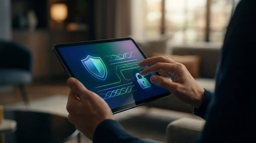Hands touching a tablet screen showing abstract digital security elements like a shield, data flow, and lock icon in blue/green. Blurred indoor setting.