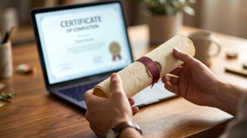 Close-up of hands holding a rolled diploma with a red ribbon and wax seal, a laptop displaying a digital certificate in the soft-focused background.