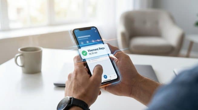 Hands hold smartphone showing 'Virement Reçu' notification at 08:30 AM. Smartwatch also shows 08:30 AM. Digital patterns, blurred modern room.