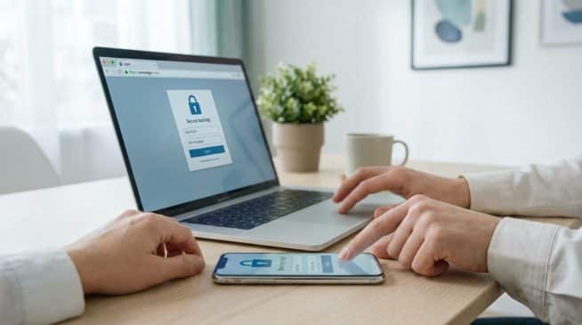 Anonymous hands interacting with a smartphone and laptop, both displaying secure banking login screens.