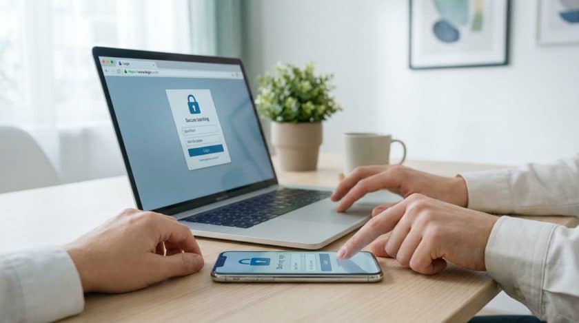 Anonymous hands interacting with a smartphone and laptop, both displaying secure banking login screens.