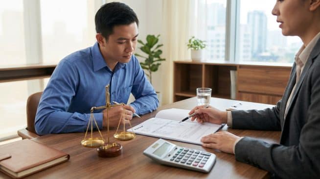 Two people discuss a document at a wooden desk with scales of justice and a calculator. One wears a blue shirt, the other a grey blazer.
