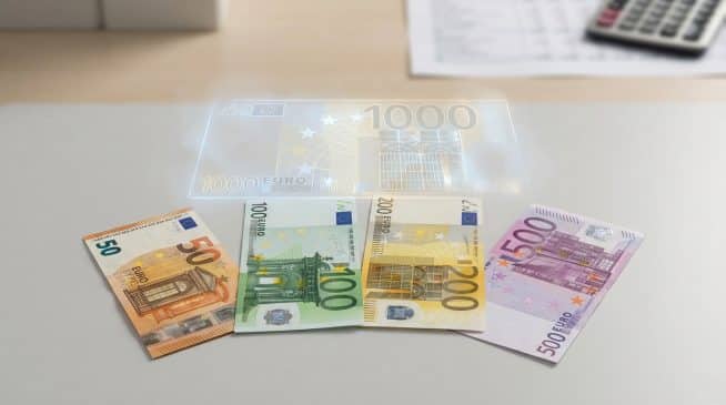 Real 50, 100, 200, 500 Euro banknotes fanned on a grey surface, with a ghostly, translucent 1000 Euro outline above.