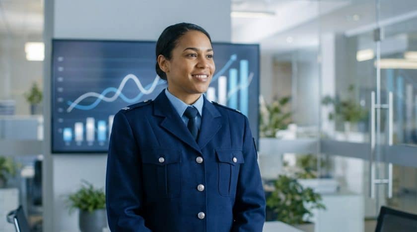 A smiling, diverse woman in a dark blue uniform jacket stands confidently in a modern office with blurred financial charts.