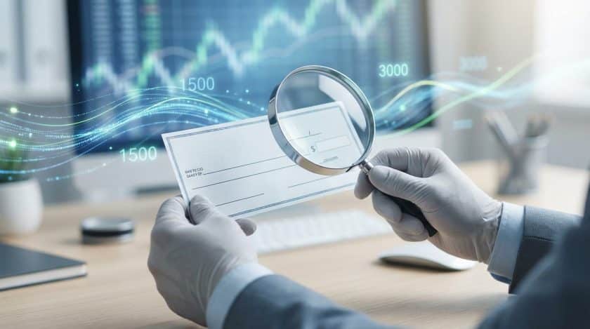 Gloved hands inspect a blank check with a magnifying glass. Blurred digital financial data with '1500' and '3000' in background.
