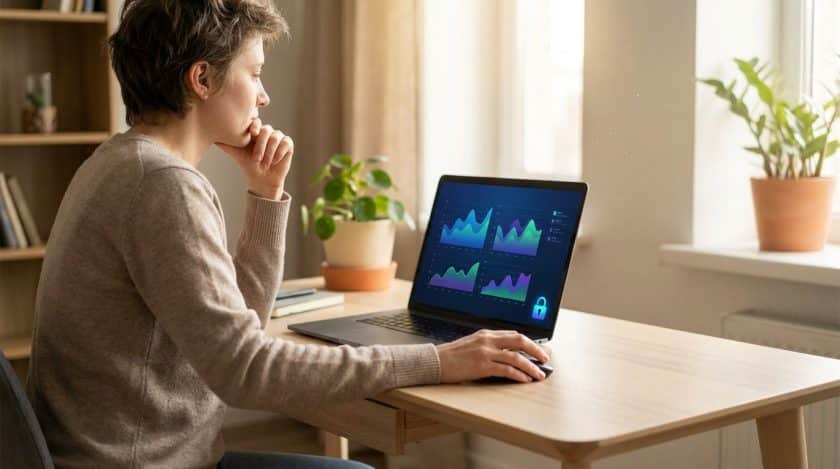 Individual analyzing secure digital transaction data on laptop in a well-lit home office, hand on chin, focused on screen.