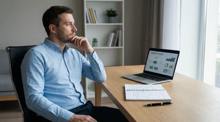 A thoughtful man in a blue shirt sits at a wooden desk with a laptop displaying business strategy and an open notebook.