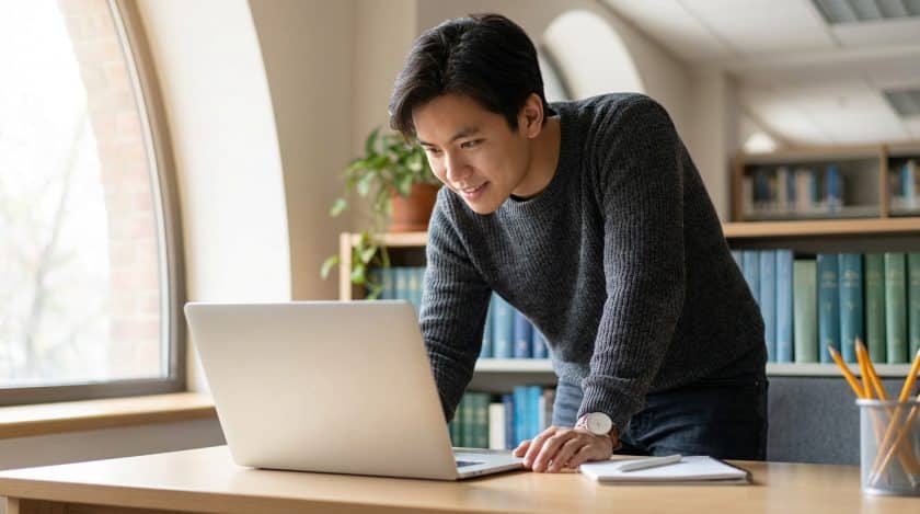 Young student intently focused on a laptop at a bright library desk, hand near device, conveying successful digital learning and problem-solving.