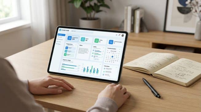 Hands near a tablet displaying a 'Study Hub' interface with programs, notes, and calendar. An open notebook and pen rest on a wooden desk by a window.