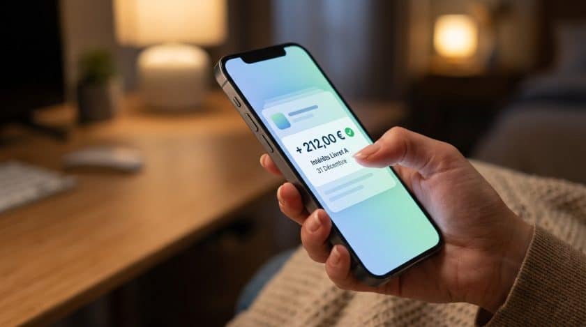 Gros plan sur une main tenant un smartphone. L'écran affiche "+212,00 € Intérêts Livret A 31 Décembre" sur une app bancaire.