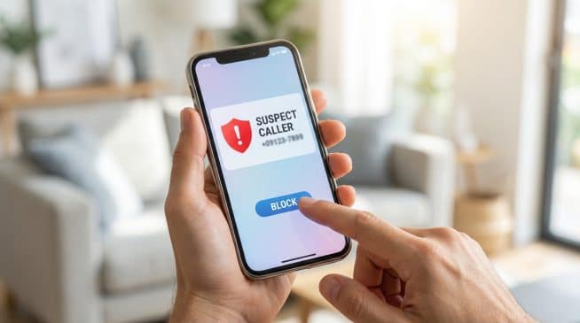 A hand holds a smartphone displaying a "Suspect Caller" alert with a red warning icon. A finger is about to tap the "Block" button.