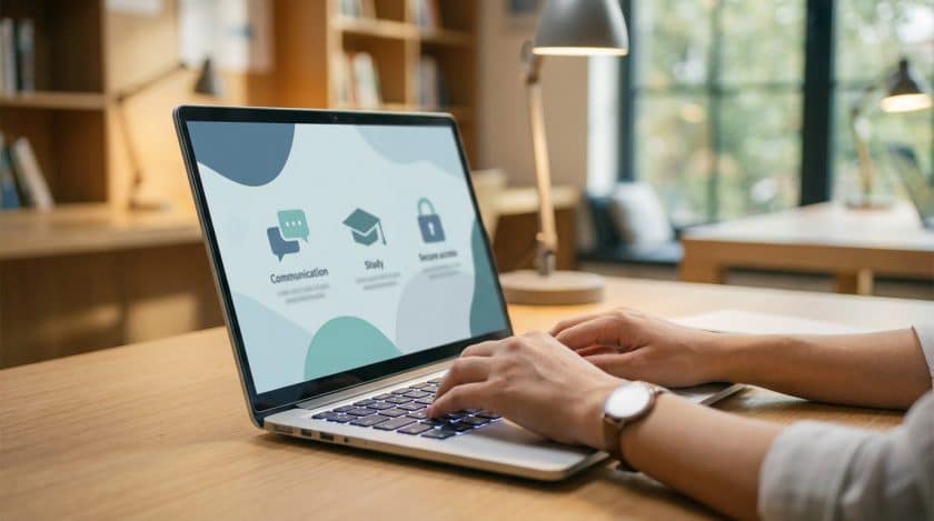 Hands on a laptop displaying a clean digital interface with icons for messaging, learning, and secure access, in a modern, blurred office.