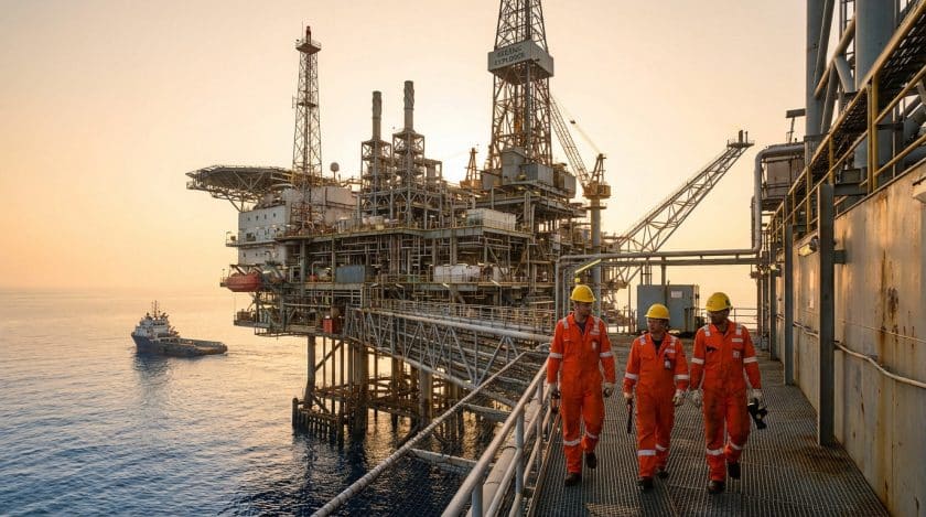 Massive offshore oil platform at dawn, bathed in golden light. Three workers in orange safety gear walk on the metallic deck.