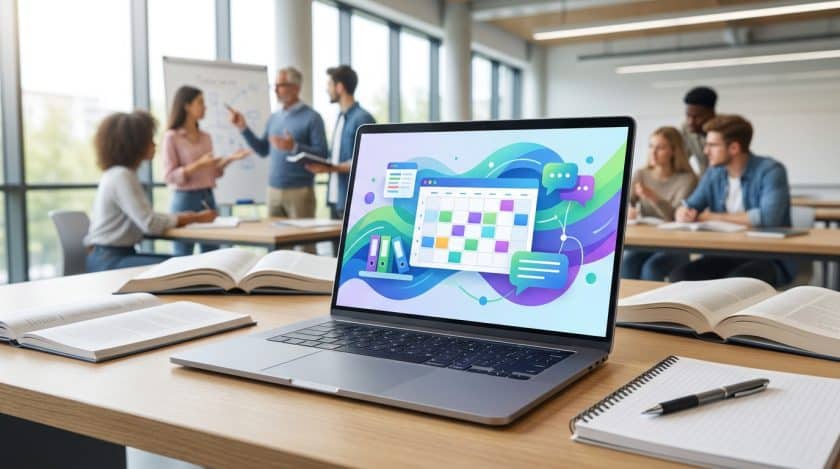 Ordinateur portable affichant une plateforme éducative (calendrier, documents, chat) sur un bureau. Arrière-plan flou : étudiants et professeur en classe CPGE.