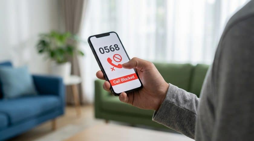 A hand holds a smartphone displaying an incoming call from '0568' with a red 'Call Blocked' message and crossed-out phone icon. Background is a soft-focus living room.
