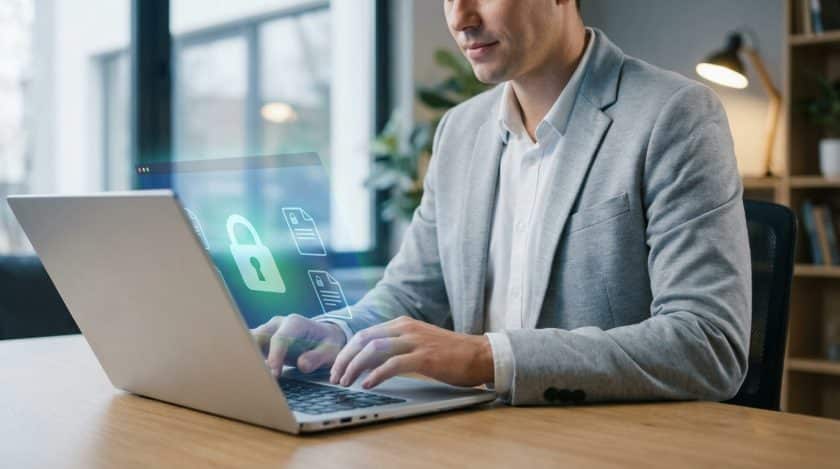 Man in grey blazer uses laptop showing glowing secure digital document portal with padlock and file icons in a modern office.