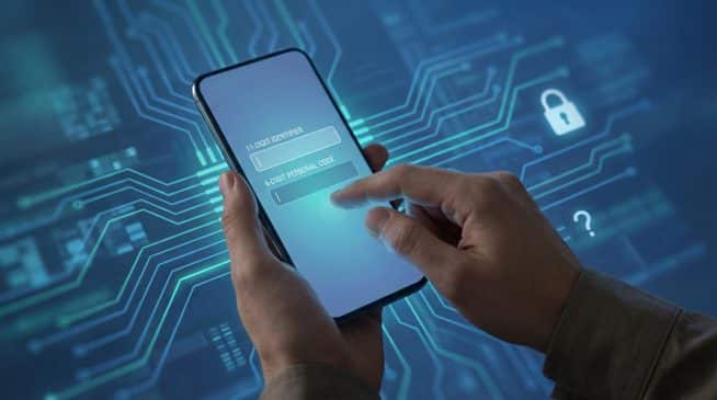 Hand tapping a glowing smartphone with a secure login screen (identifier/code fields). Digital lines, padlock, and question mark in blurred background.