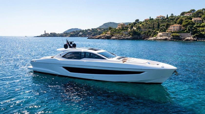 Sleek white luxury yacht on crystal-clear blue French Riviera waters under bright sun, with lush Mediterranean coastline.
