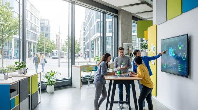 Diverse team in a modern urban innovation hub, analyzing smart city data on a digital screen and a prototype, overlooking a city.