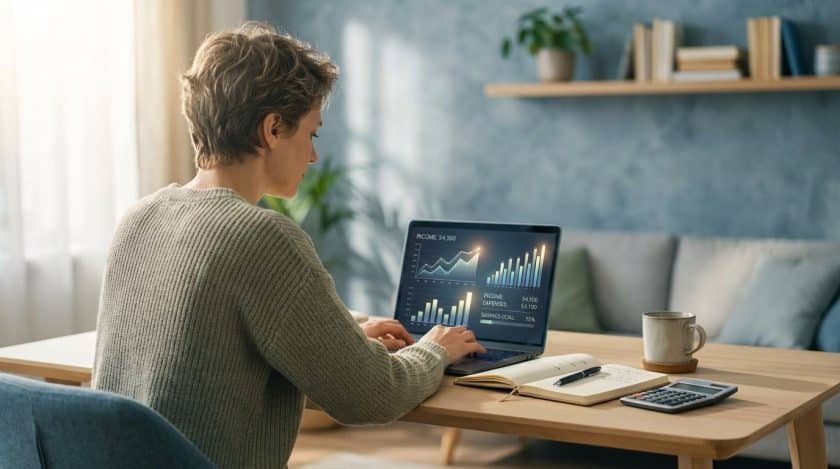 Gender-neutral person at a modern desk, analyzing financial data on a laptop. Notebook, pen, calculator, and coffee mug nearby. Softly lit contemporary home background.