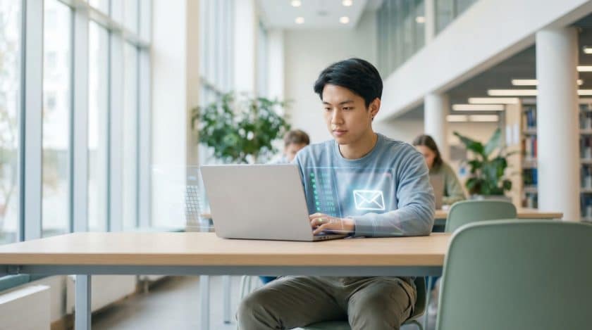 Young adult student intently using laptop with abstract digital interface in a bright, modern university study area.