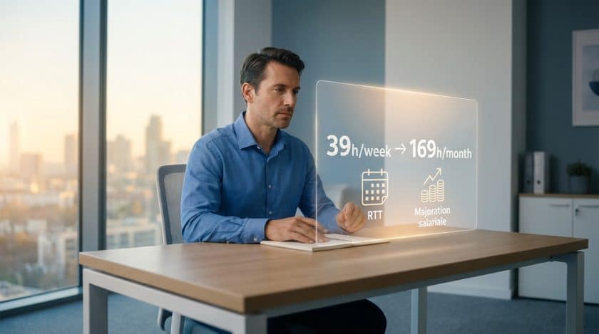 Professional views holographic display: "39h/week → 169h/month", RTT, "majoration salariale". Modern office, city background.