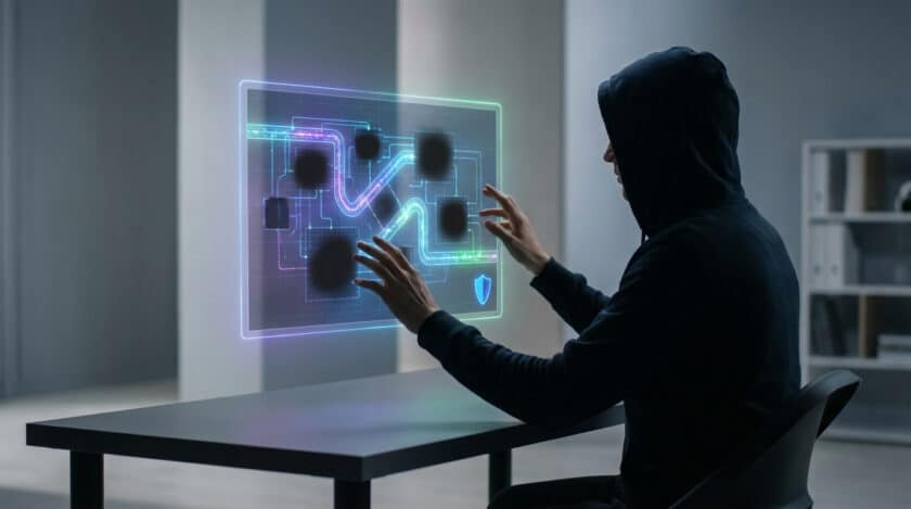 Personne en capuche manipulant une interface holographique de données complexe avec des schémas de circuit. Symbole de sécurité visible.