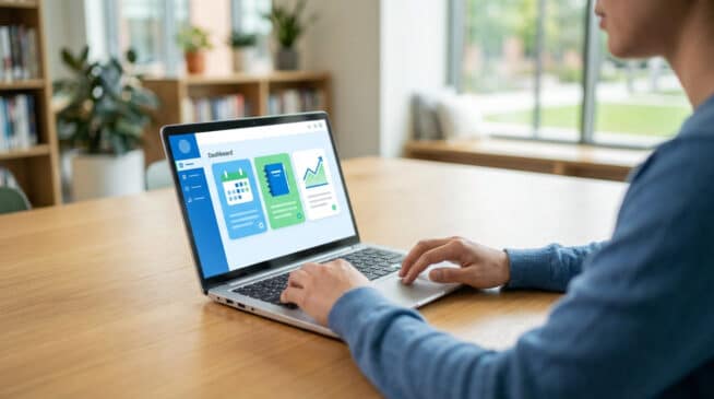 Personne naviguant sur l'ENT77 via un ordinateur portable, avec tableau de bord et icônes. Arrière-plan de bibliothèque moderne.