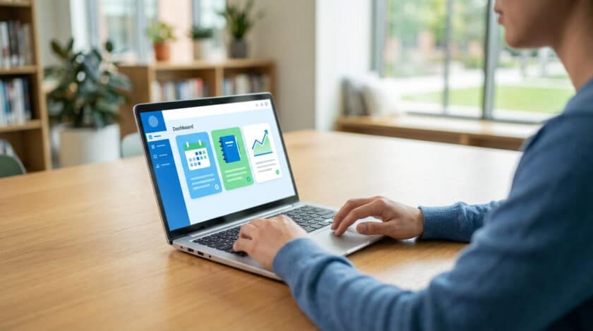 Personne naviguant sur l'ENT77 via un ordinateur portable, avec tableau de bord et icônes. Arrière-plan de bibliothèque moderne.