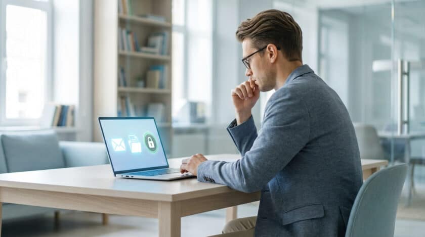 Un homme en costume consulte son ordinateur portable. L'écran affiche des icônes d'e-mail, de dossier et un cadenas vert, symbolisant l'accès sécurisé à l'intranet.