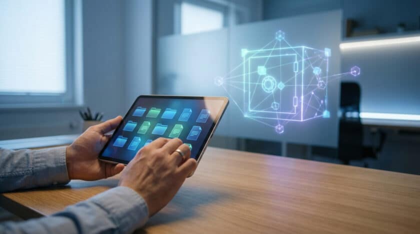 Mains utilisant une tablette pour gérer des documents numériques. Un coffre-fort de données holographique symbolise la sécurité.